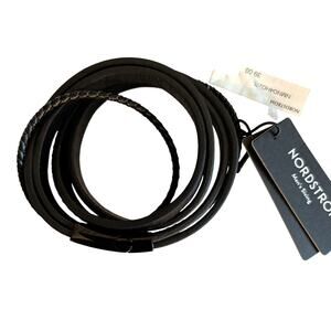 Men's Black Leather Double Wrap Stack Bracelet